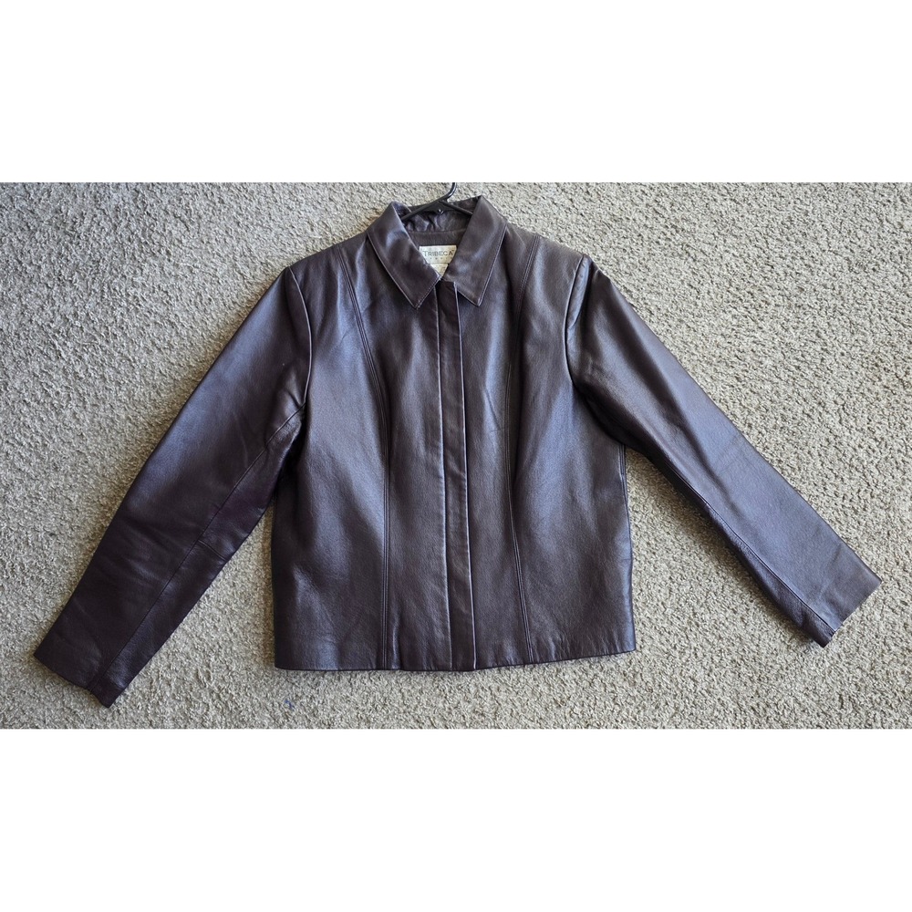 Tribeca Studio Womens Leather Jacket Dark Burgundy Brown Zip Up Minimalist L